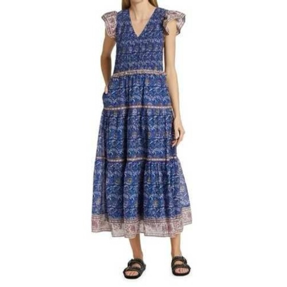 Sea New York Dress Womens 4 Blue Floral Smocked Tiered Maxi Boho Prairie Coastal - Picture 6 of 14